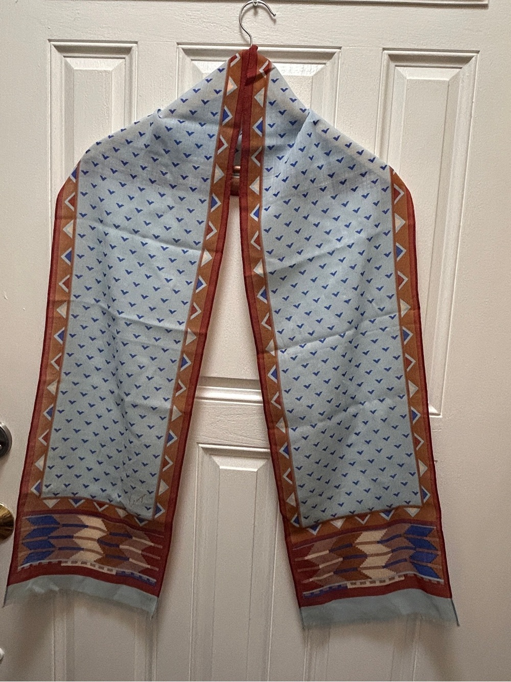 Kenzo Light Blue Scarf with Rust and Tan Geometric Border